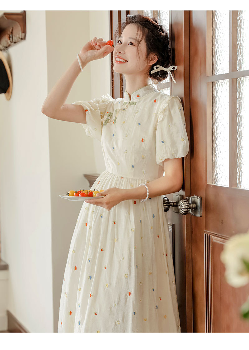 Improved cheongsam, new Chinese-style retro button-up, petite puffed-sleeve dress for women, summer long dress for export pic 24