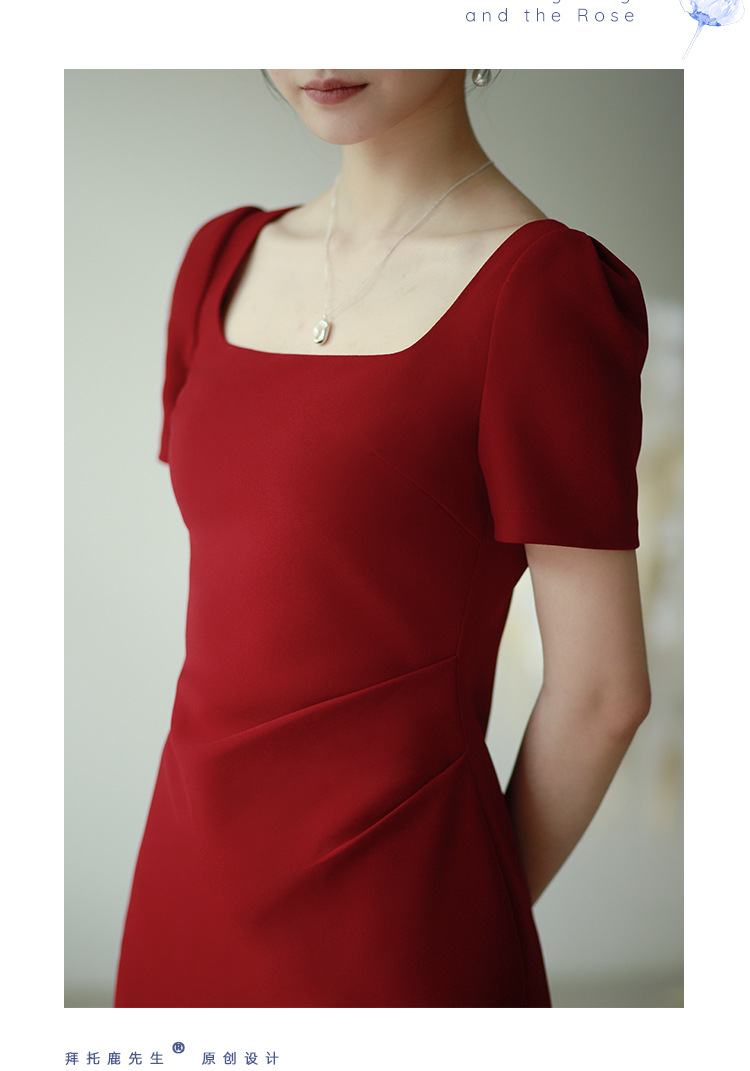 白色法式小礼服方领短袖修身微弹力长款领证订婚小晚礼服连衣裙详情23