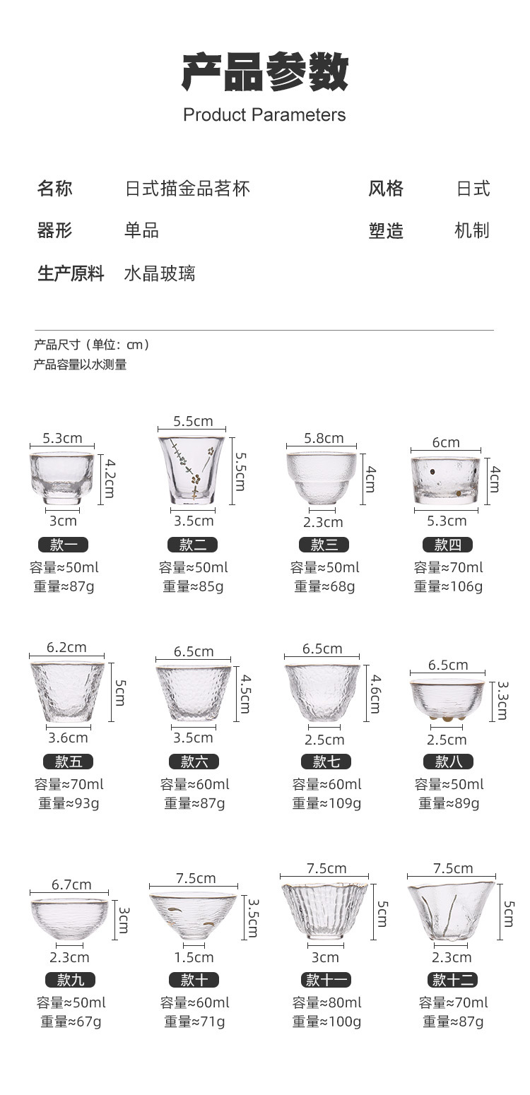 日式玻璃茶杯家用描金主人杯品茗杯泡茶盏单个功夫茶具小单只轻奢详情2