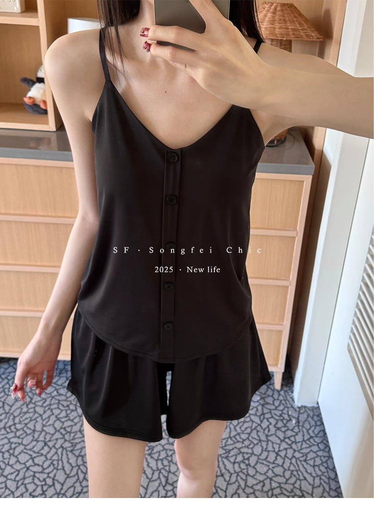 Summer new ice silk adjustable home wear two-piece set with chest pad buttons, ice skin halter shorts and pajama pic 29