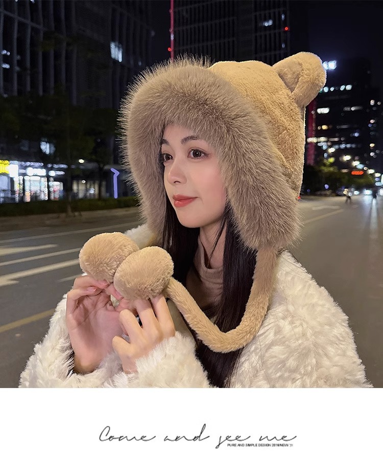 秋冬季可爱小熊毛绒绒百搭护耳包头帽女加厚套头防寒保暖加厚帽子详情24