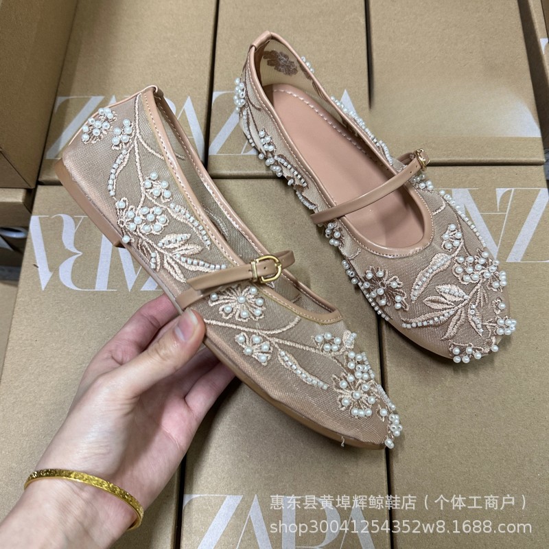 ZA新款白色刺绣珍珠网纱平底单鞋圆头芭蕾舞鞋女玛丽珍女鞋详情10