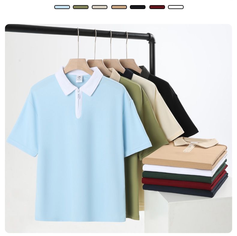 半拉链撞色polo衫工作服定制落肩翻领短袖刺绣学院风个性班服印字详情9