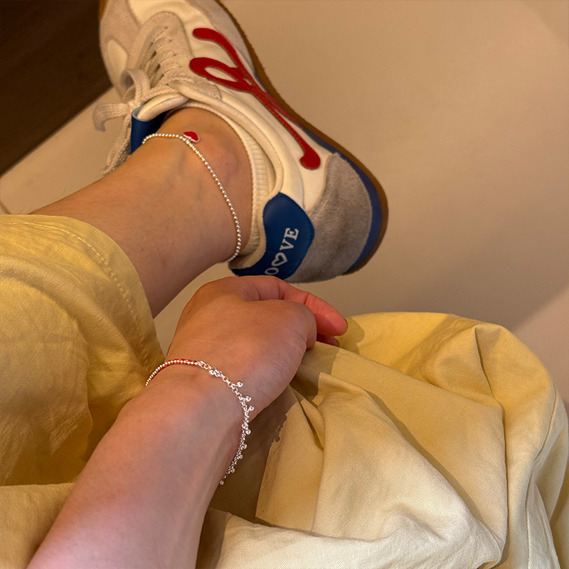 925纯银红色爱心脚链女日韩国简约手工圆珠脚镯学生闺蜜配饰详情10