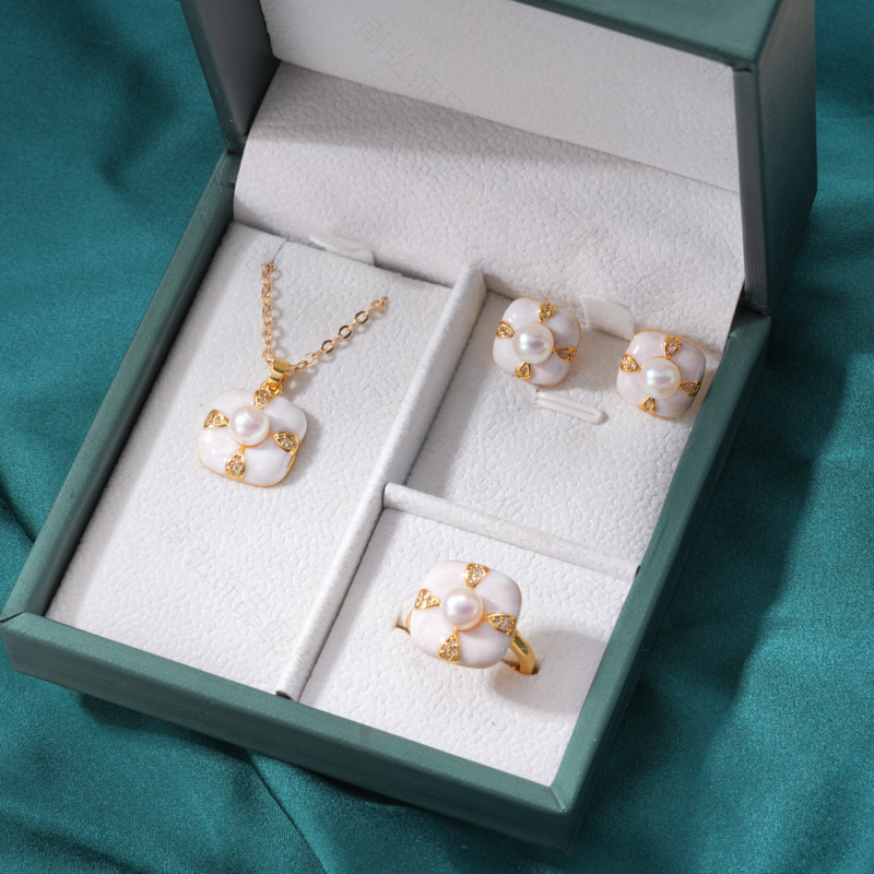 Pearl ring, earneedle pendant, three-piece set, empty stand, retro square oil drip design, DIY, light luxury, high-end style, flower pic 10
