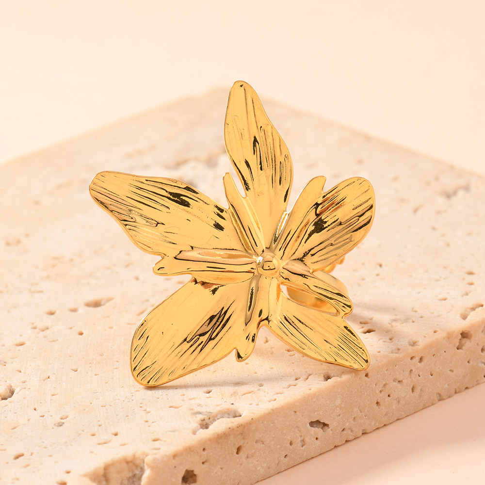 欧美跨境不锈钢戒指 夸张个性油压花朵开口戒高级感镀18k金手饰品详情7