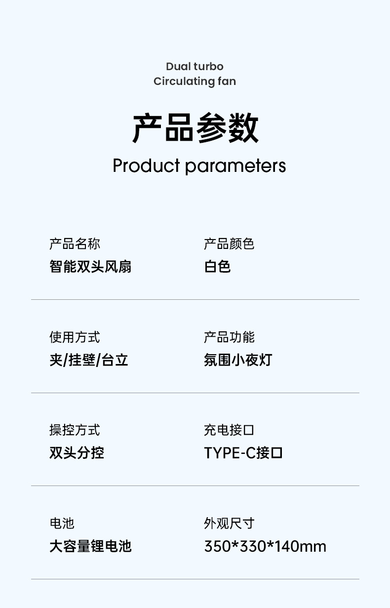 双头循环扇桌面台式夹子风扇露营风扇灯光可定时电风扇宿舍挂壁风详情18
