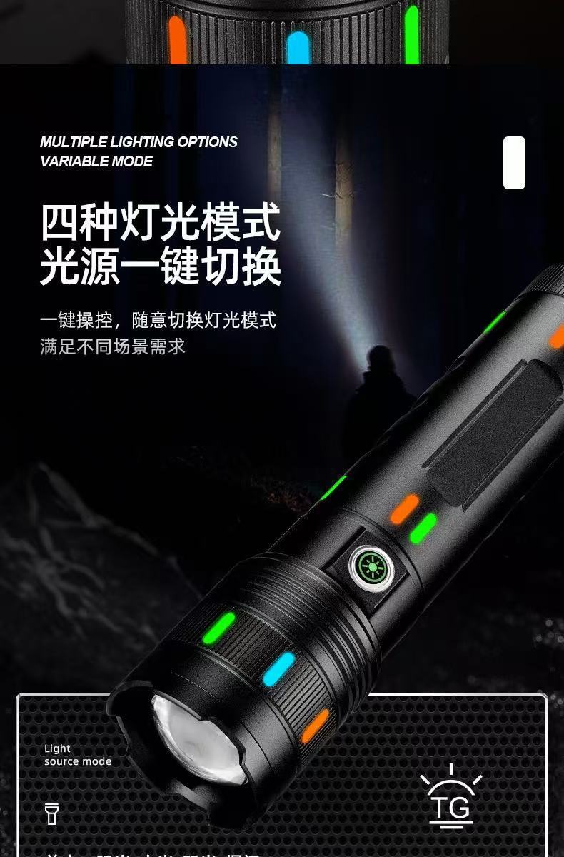 跨境白激光大功率强光手电筒户外多功能铝合金荧光手电Type-c充电详情9