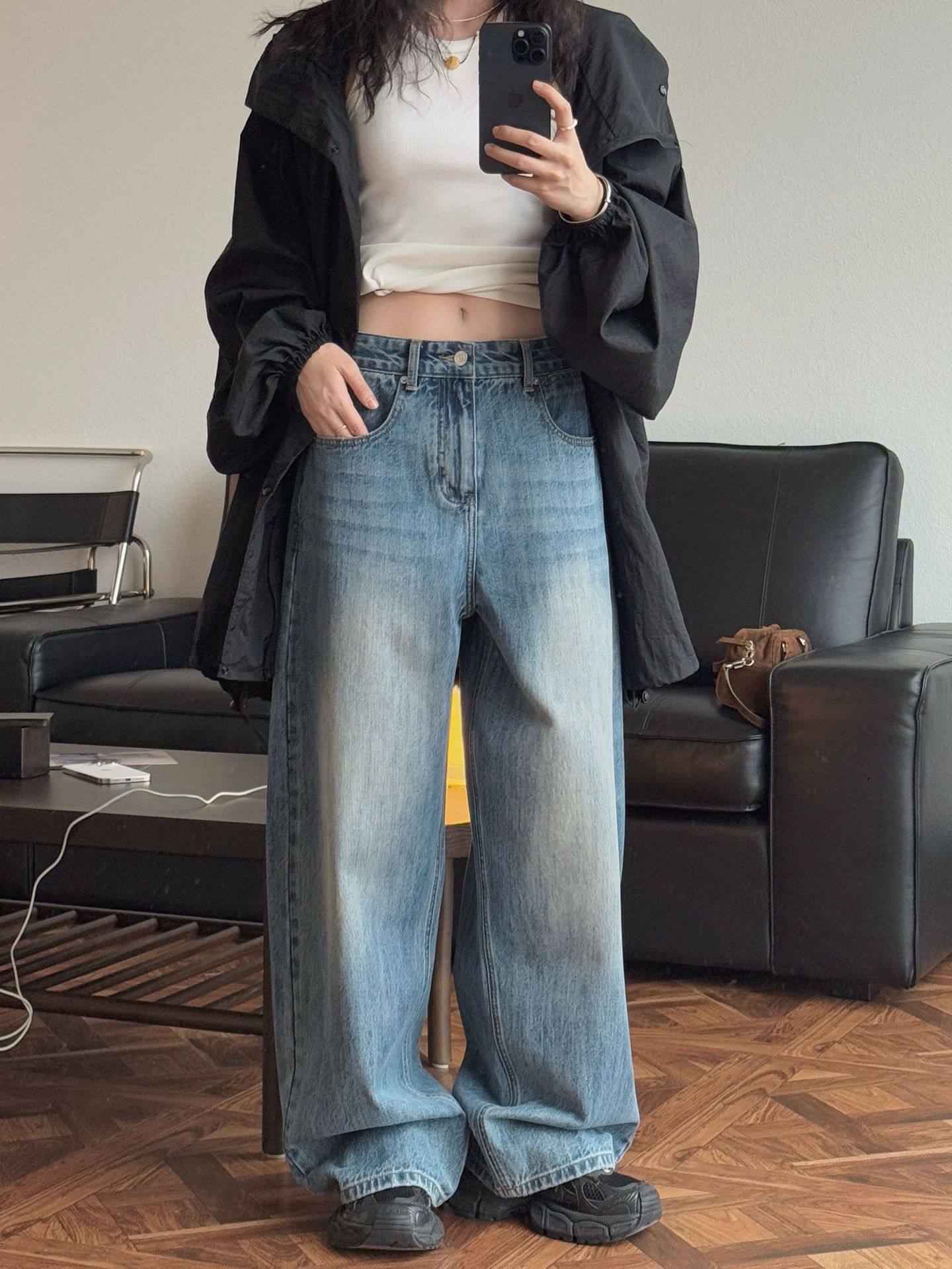 卢浮春夏新款美式复古磨白水洗牛仔裤宽松阔腿显瘦休闲长裤女详情2