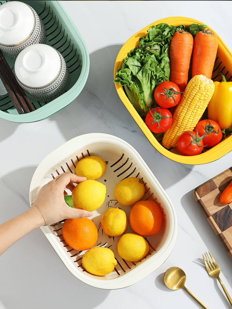 Creative household kitchen double-layer draining basket, creative fruit and vegetable washing basin, plastic multi-functional bowl and chopsticks draining pic 4