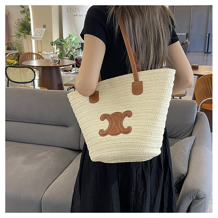 单肩草编包女士手提包大容量夏日旅游沙滩包手工编织菜篮子腋下包详情31