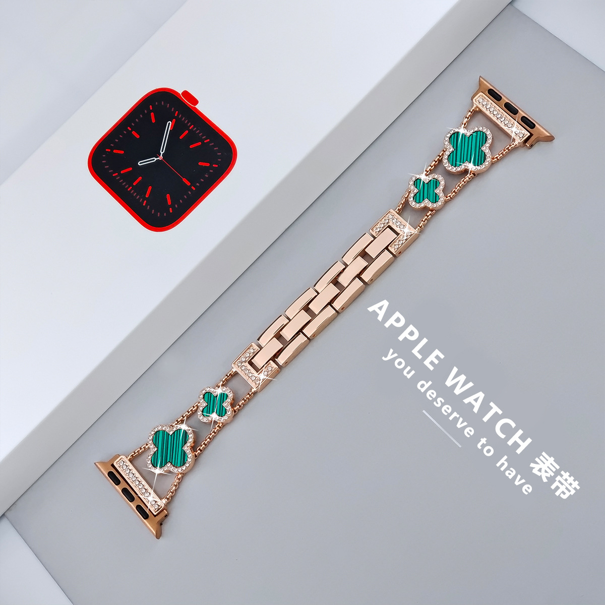 适用苹果手表 apple watch  SE1-9代时尚镶钻四叶草金属表带详情23