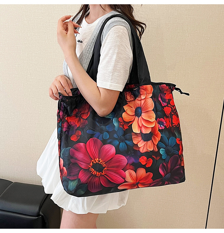 大容量花朵印花单肩包防水购物袋尼龙外出托特包时尚复古手提包详情19
