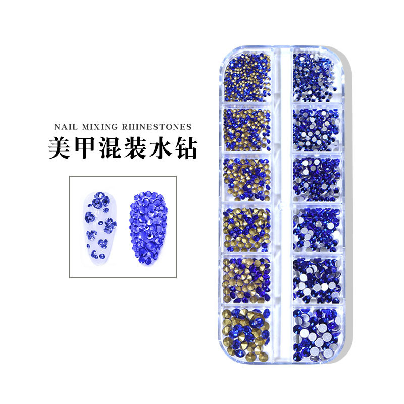 跨境美甲玻璃水钻超闪彩色白色平底钻AB尖底大小混装钻饰12格盒装详情11