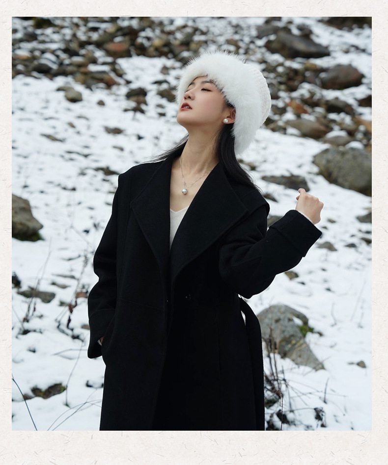 2025 New Chinese-style Australian wool Double-sided cashmere Chinese-style coat for women, mid-length black woolen wool coat with buttons pic 9