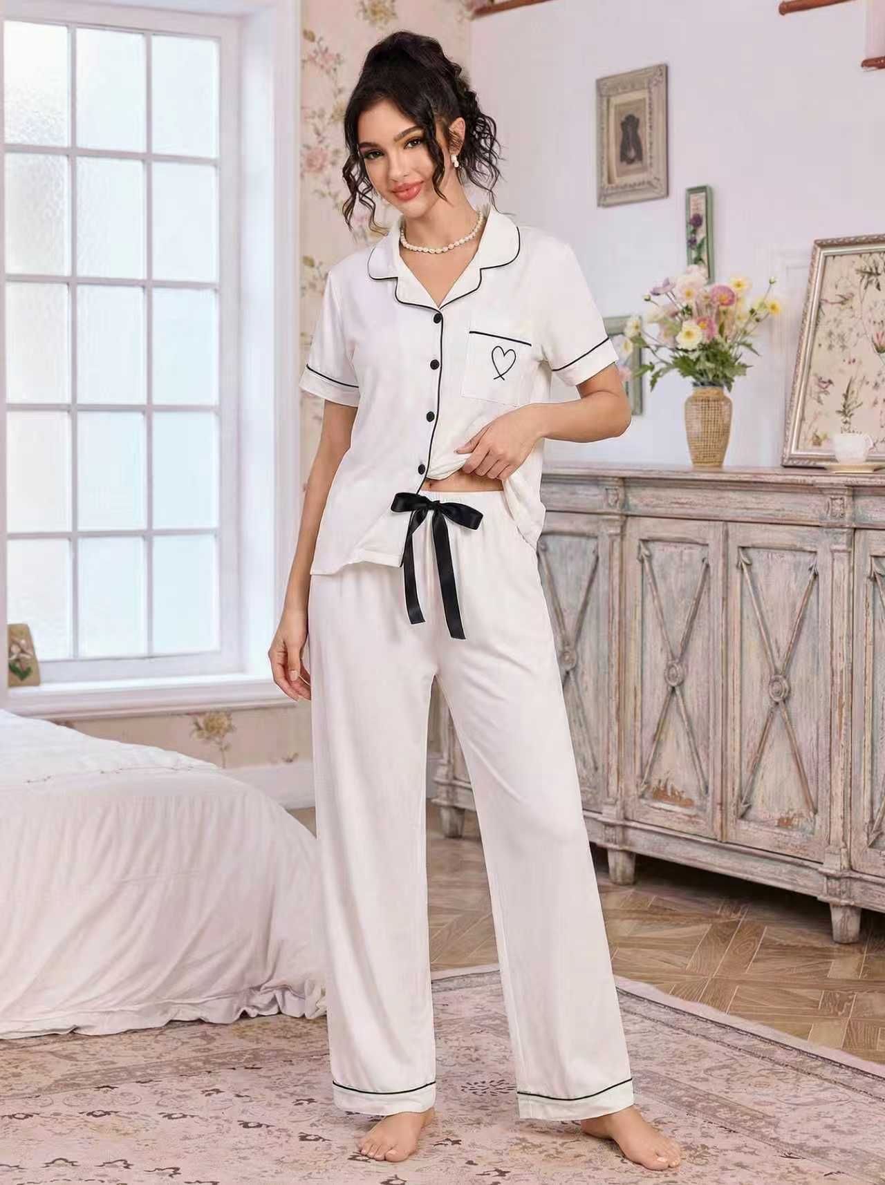 亚马逊欧美家居服套装翻领开衫短袖长裤爱心绣花睡衣女外贸独立站详情2