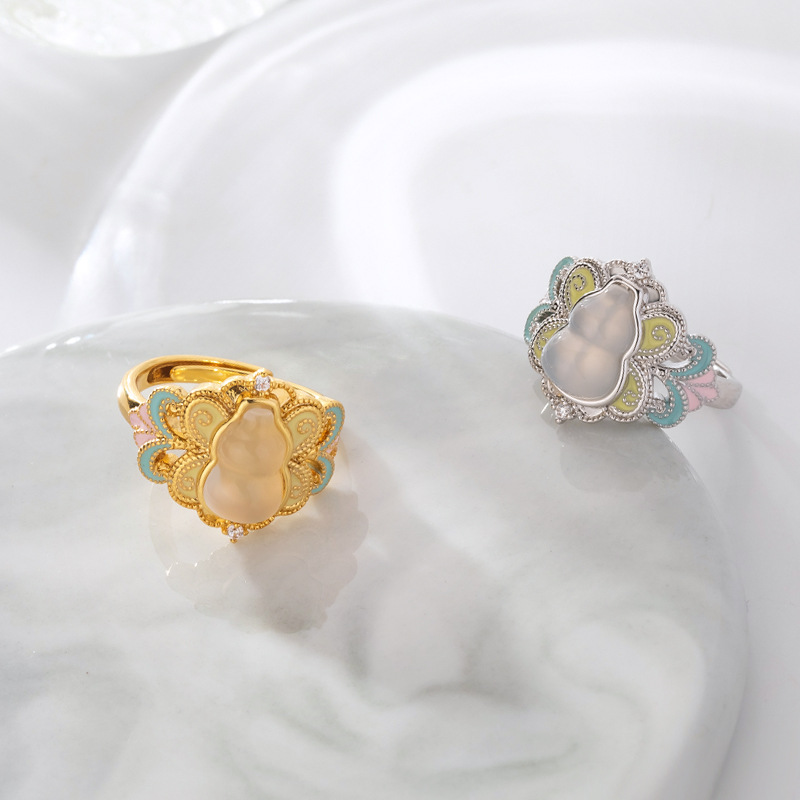 新中式复古拼色葫芦戒指女小众设计感国潮贵气桃色花朵气质食指戒详情5