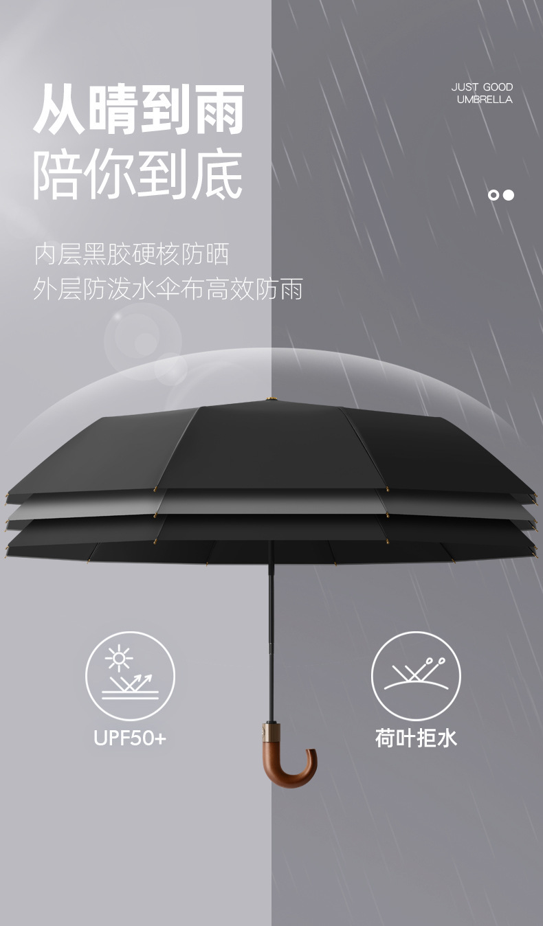 实木弯柄轻奢商务伞六色折叠伞深灰色背景彩虹伞布雨伞纸伞汽车遮阳伞详情7