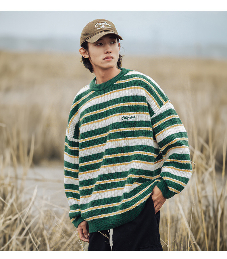 Retro color-blocking striped chunky knit sweater for both men and women, Japanese loose trendy round-neck knitted sweater jacket for autumn and winter pic 13