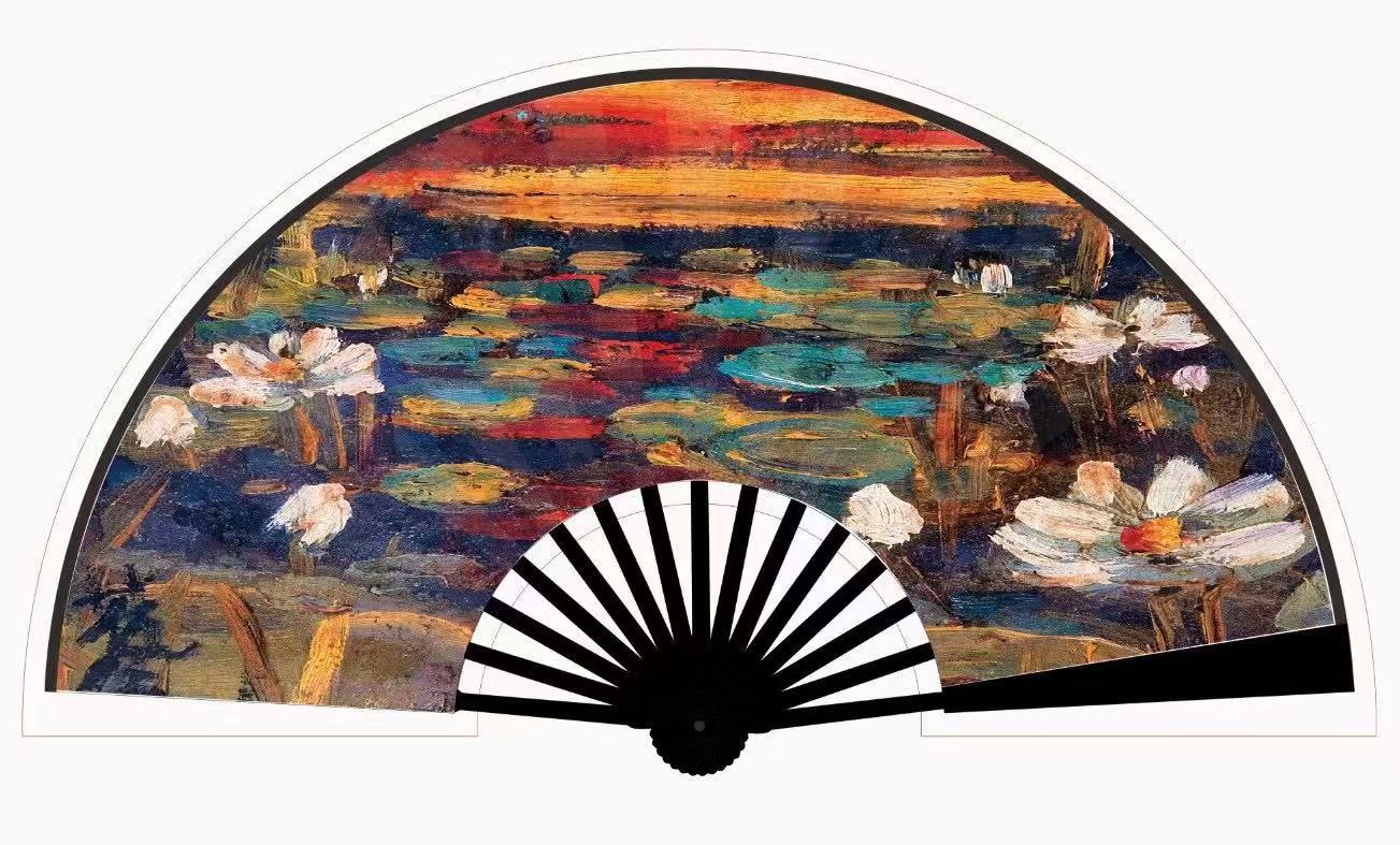 New oil painting series festival folding fans, popular hand fans in Europe and America, large fans, double-sided landscape printed fans pic 16