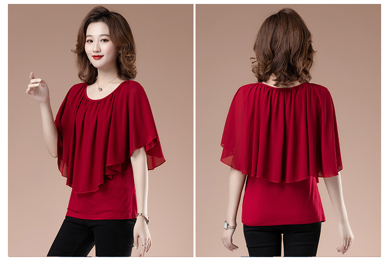 Loose to cover the belly 蝙蝠衫 short-sleeved round-neck chiffon blouse for women in summer, plus-size T-shirt for middle-aged mothers, and all-cotton T-shirt pic 14