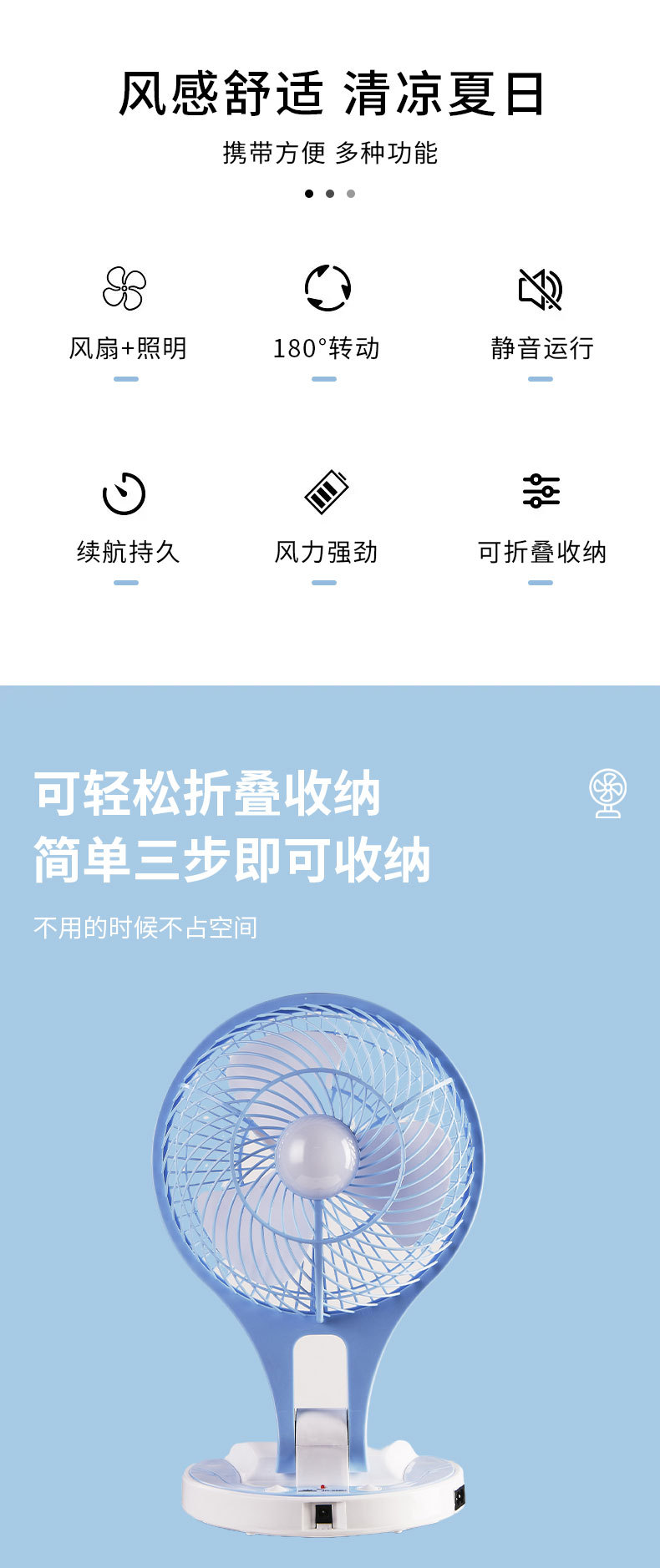 旅行折叠风扇可充电学生宿舍带夜灯电风扇便携大风力办公桌面风扇详情2