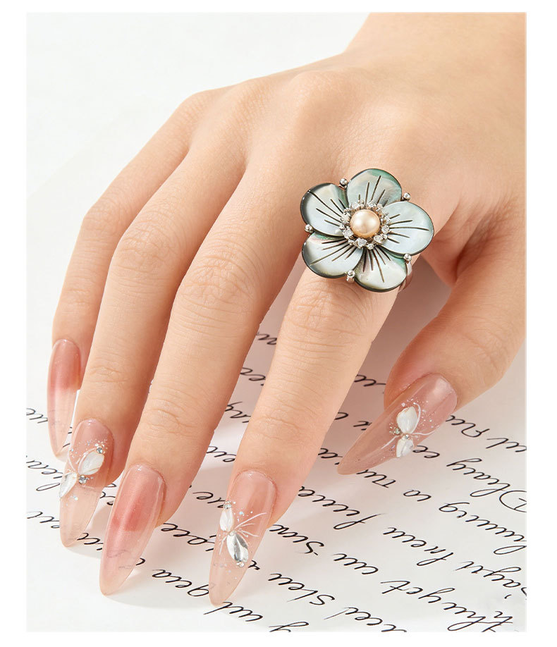 High-end natural black mother-of-pearl flower open ring, copper alloy inlaid with zircon freshwater pearls, adjustable ring ring pic 12