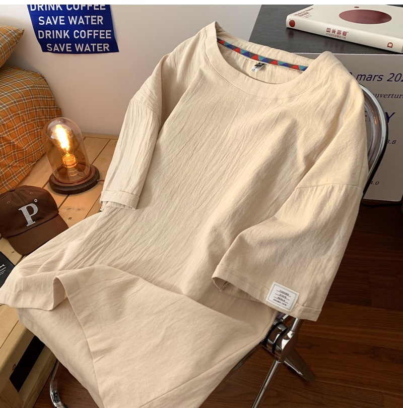 Linen short-sleeved T-shirt for men, a new summer trend. Cotton and linen half-sleeved loose solid color base layer, a trendy T-shirt top pic 7