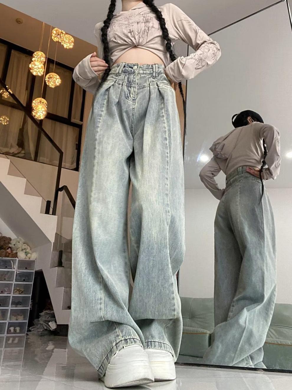 浅色复古阔腿高腰牛仔裤女秋季显瘦宽松大码胖拖地垂感直筒裤子XH详情7