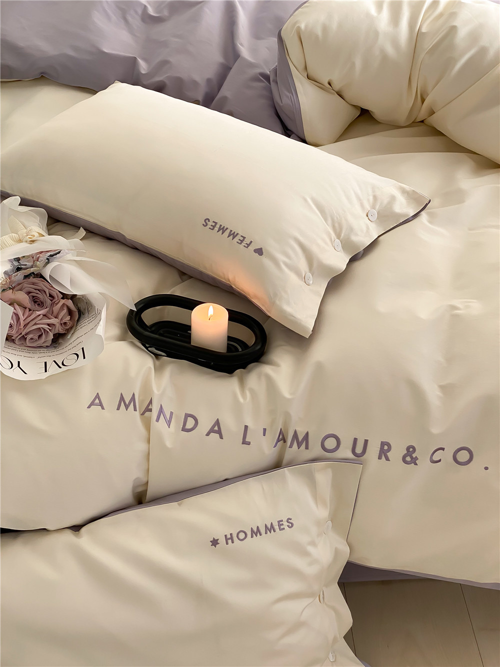 Simple, light luxury and fashionable solid-color long-staple cotton four-piece set, pure cotton letter-embroidered duvet cover, double bedding pic 14