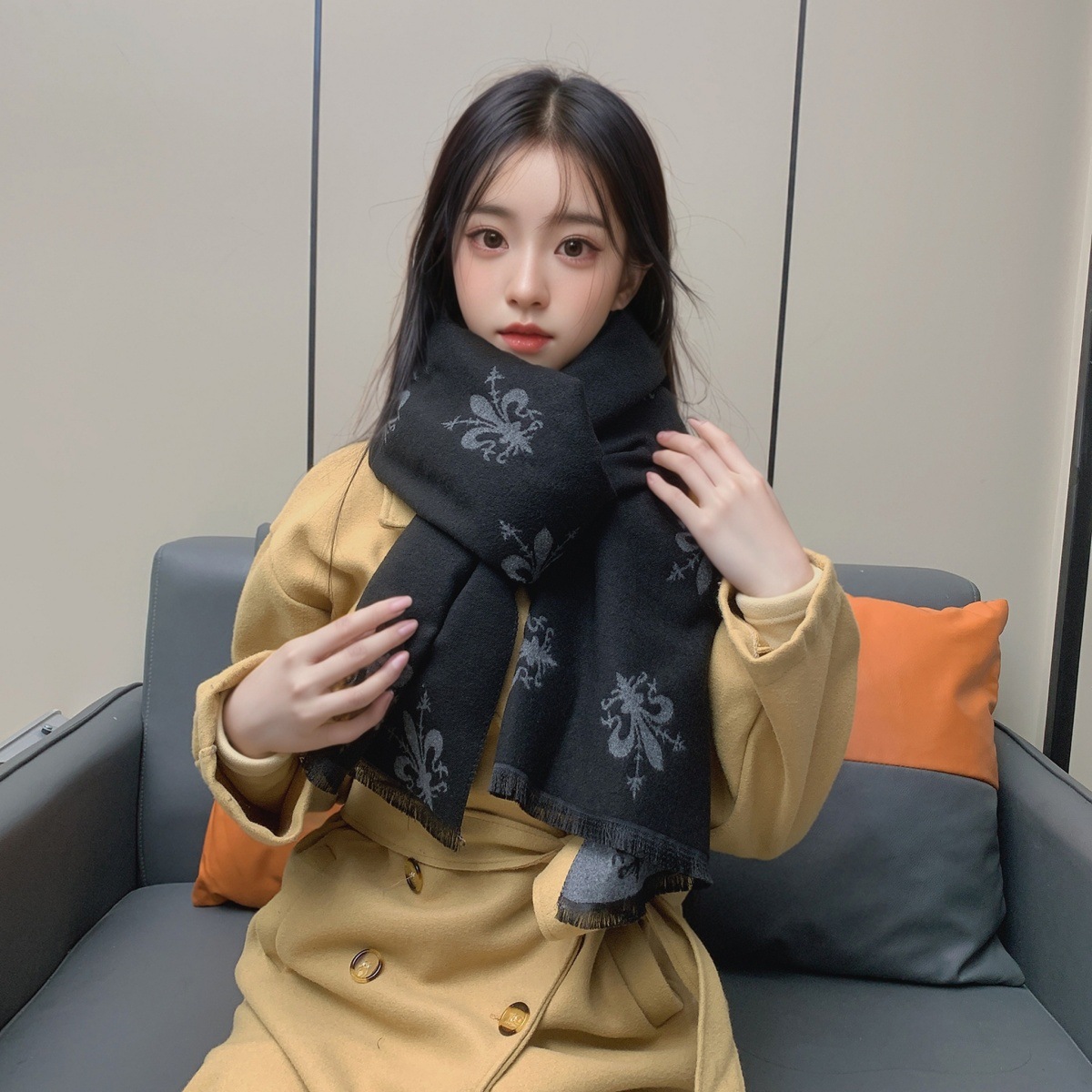 围巾女冬季欧美风格佛罗伦萨鸢尾花披肩加厚百搭双面保暖围脖保暖详情15
