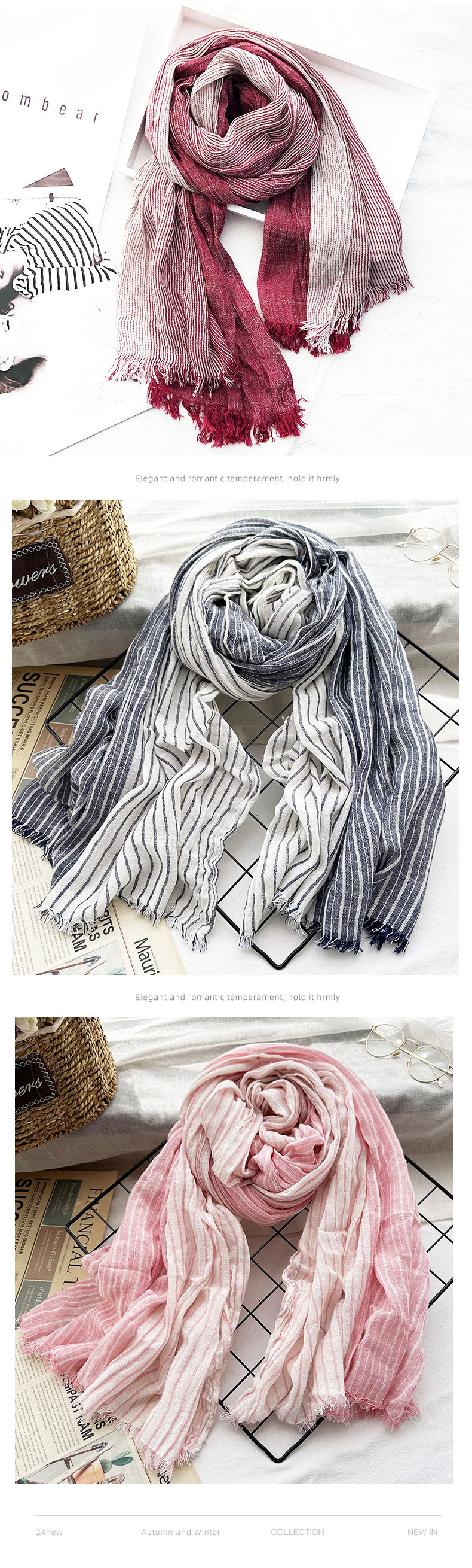 日韩文艺风条纹棉麻围巾女 四季好搭男士围脖森系情侣丝巾披肩潮详情11
