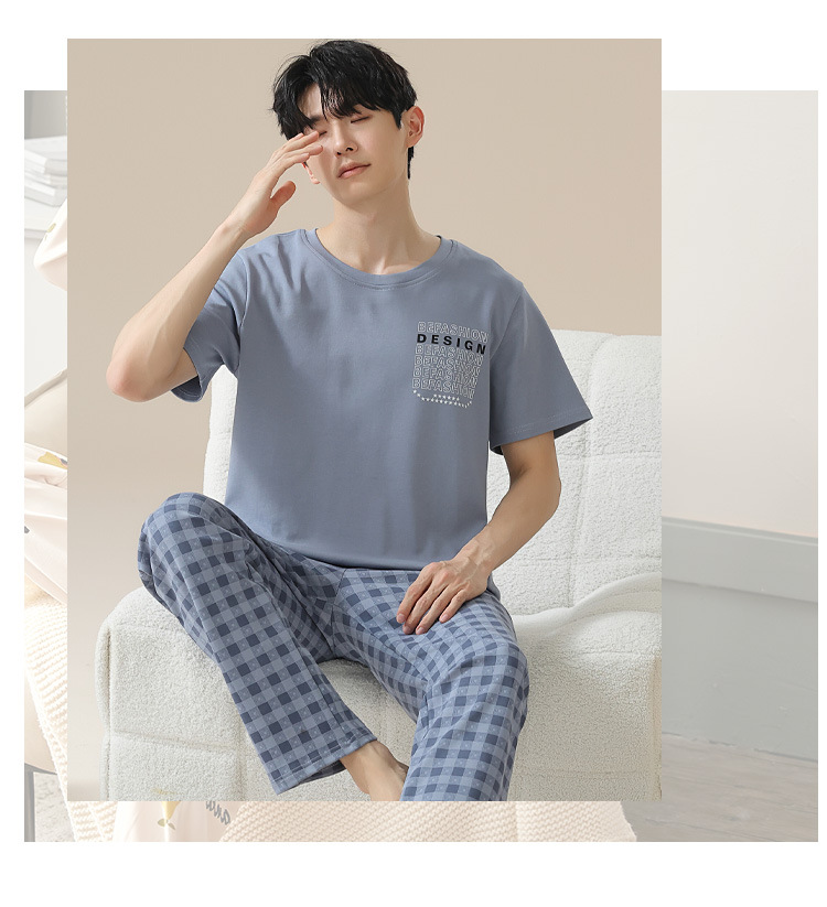 Summer pure cotton pajamas for men, cartoon casual short-sleeved shirts and long pants, pure cotton comfortable home wear, summer youth student set pic 140