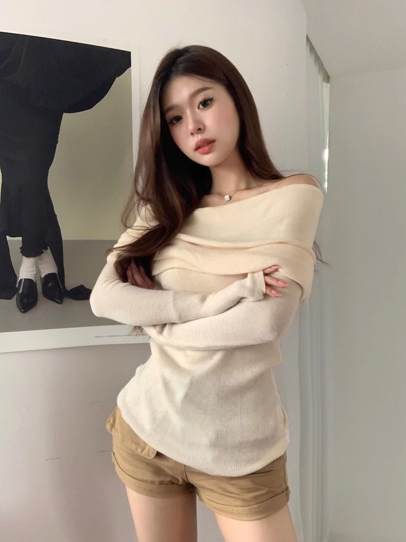 露肩一字肩上衣针织衫女秋装新款修身长袖红色漏肩黑色一字领毛衣详情18