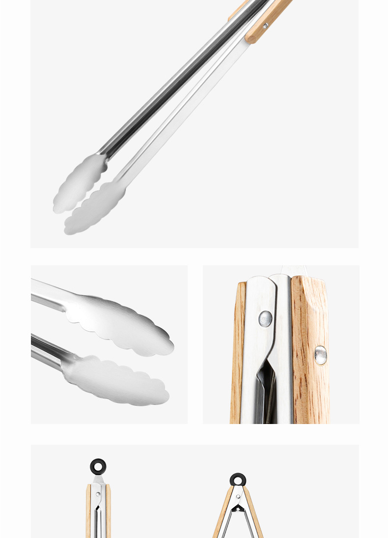 Stainless steel food tongs, high-temperature resistant wooden handles, anti-scald steak tongs, food tongs, BBQ barbecue tongs, roast meat tongs, baking tongs pic 12