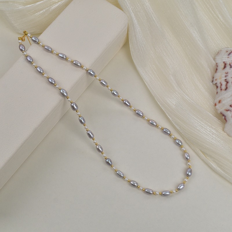 45cm natural freshwater pearl grey rice bead necklace for women, light luxury, simple and versatile collarbone chain S925 silver neck chain pic 4