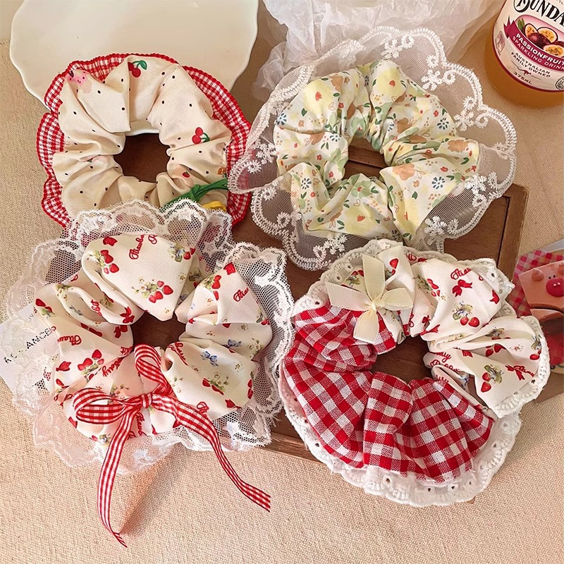 Cute little bear rabbit checkered lace trim large intestine hair band, girlish heart bow, fabric hair tie, leather band hair tie pic 18