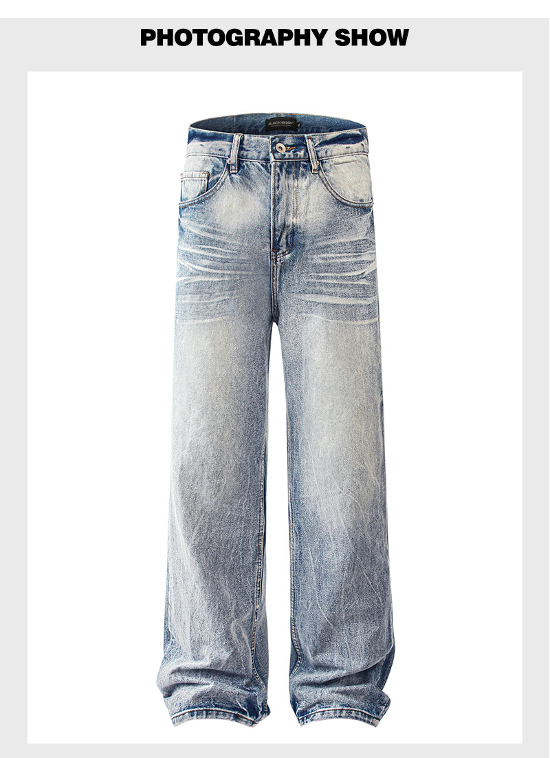 In the autumn of 2025, American-style washed distressed cat beard light blue jeans for both men and women, loose and versatile straight-leg long pants for cross-border use pic 8