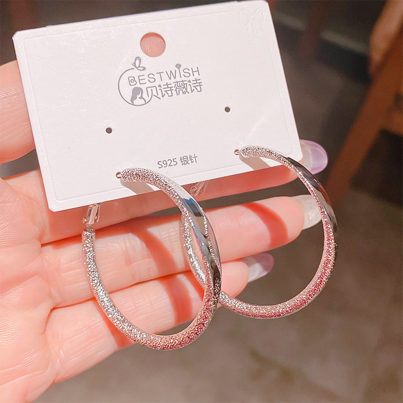 925银针冷淡风金属圆圈磨砂光面耳环女 时尚个性耳圈耳钉百搭耳饰详情5