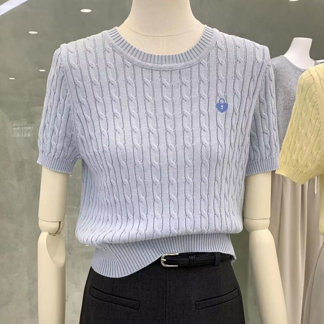 2025冰丝刺绣绞花针织薄款短袖正肩t恤女夏季小个子小众短款上衣详情6