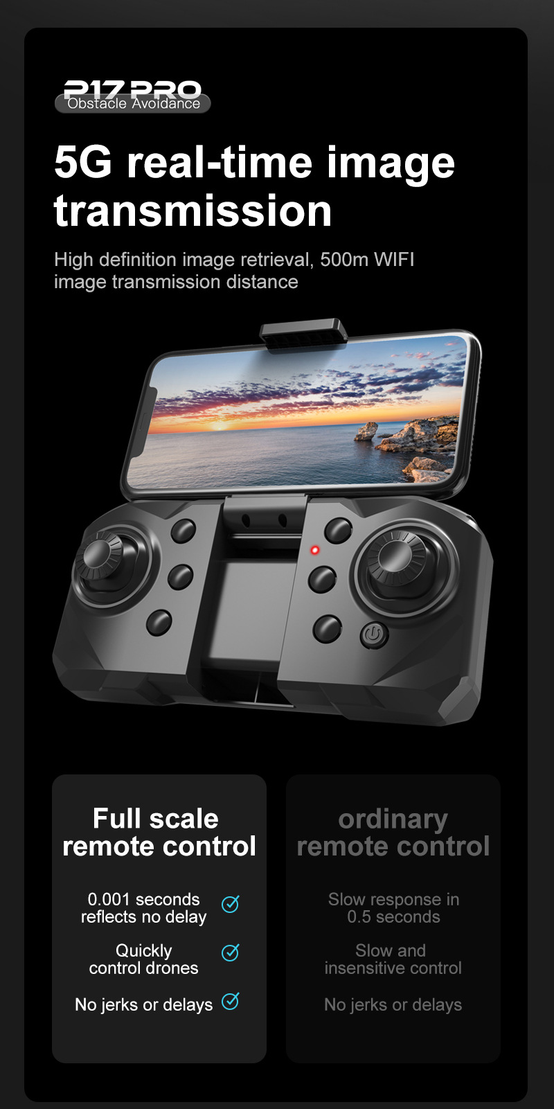 The cross-border new product P17 carbon fiber drone features a brushless motor, GPS positioning, intelligent obstacle avoidance, and high-definition aerial photography with dual lenses pic 31