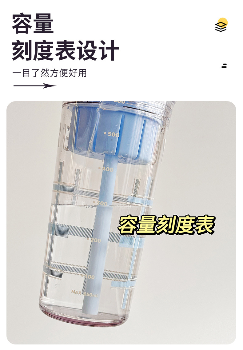 Checkered handle portable straw cup, summer TRitan water cup, high appearance level, heat-resistant plastic cup with scale pic 8