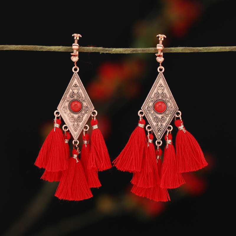 螺旋无痛耳夹女民族风复古长款流苏耳坠波西米亚耳环无耳洞耳饰品详情25