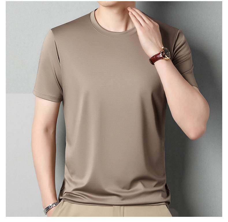 2024夏季新款桑蚕丝男士短袖纯色休闲中年薄款透气体恤男t恤批发详情24