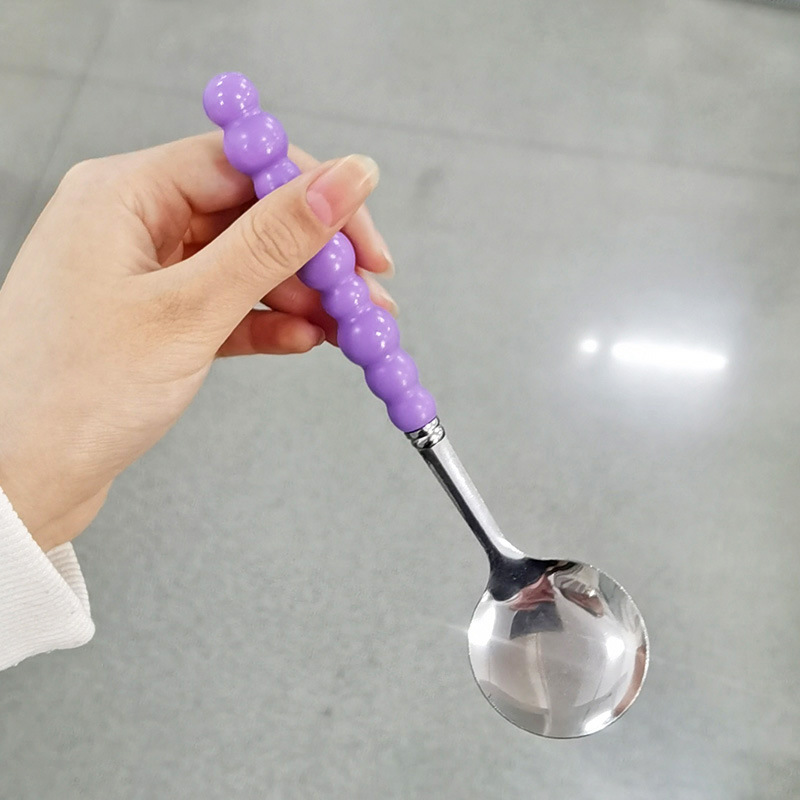 网红珍珠不锈钢勺子塑料手柄餐勺少女心家用吃饭勺小汤勺长柄圆勺详情5