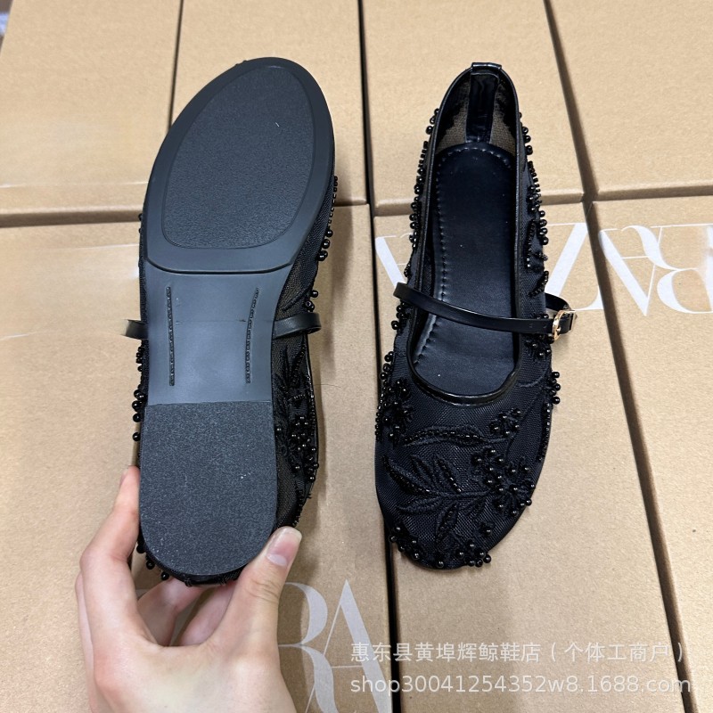 ZA新款白色刺绣珍珠网纱平底单鞋圆头芭蕾舞鞋女玛丽珍女鞋详情8
