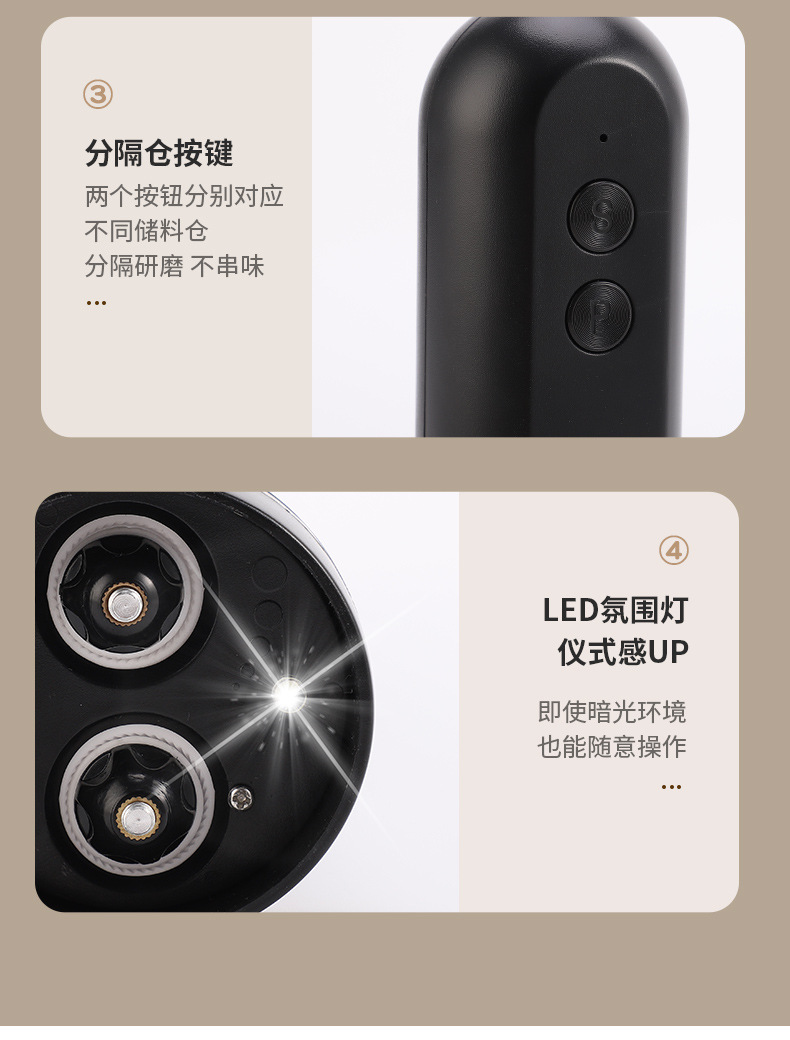 家用多功能黑胡椒研磨器花椒海盐胡椒粉自动研磨器电动胡椒研磨器详情11