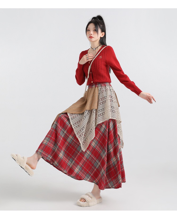 Forest-themed retro checkered skirt for women 2025 new autumn and winter design, irregularly pieced high-waisted A-line long dress pic 29