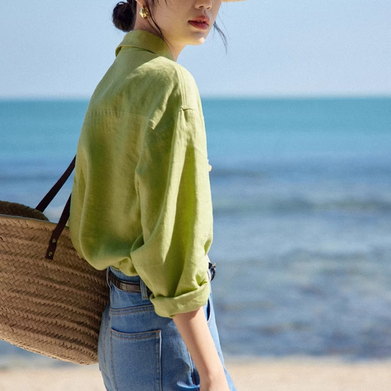 美丽的皇帝14支全亚麻绿色长袖盐系衬衫女早春新款休闲宽松衬衣详情5