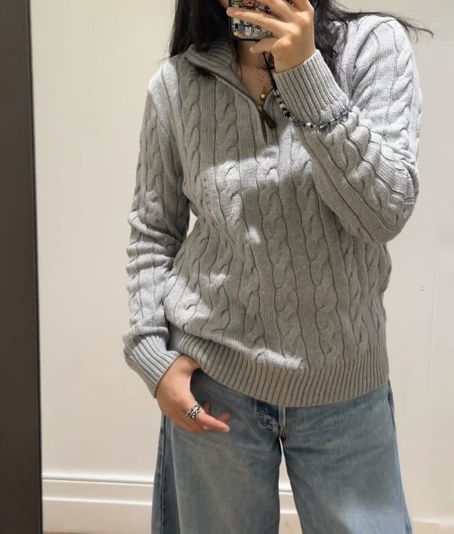 24221款秋冬美式男女款半拉链Polo针织衫宽松绞花套头保暖毛衣详情7